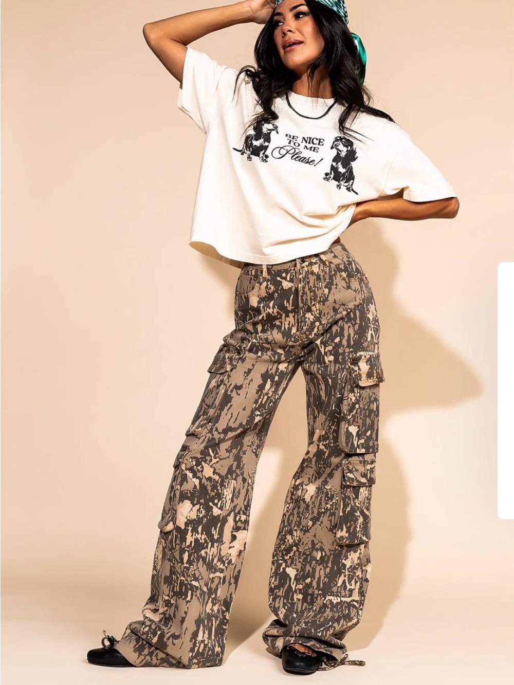 Dressed In LALA Camo Cargo Jeans Wide Leg Brown Tan Pockets Rehab Lab NWT Small